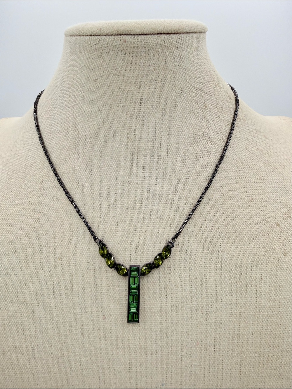 Vintage Givenchy Gunmetal Emerald‎ & Peridot Green Crystal Drop Necklace